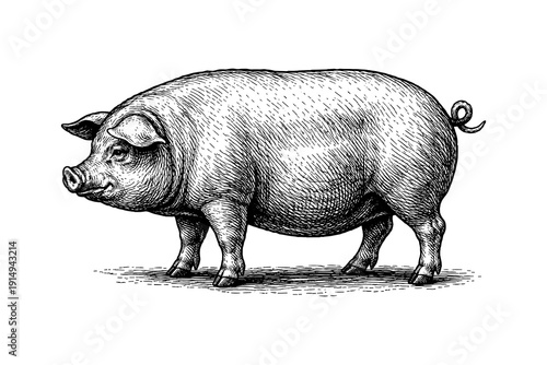 Detailed hand drawn pig with texture and engraving style