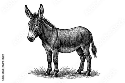 Detailed black and white engraving of a standing donkey on grass