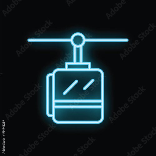 Blue neon icon of a cable car hanging from a cable, glowing on a black background
