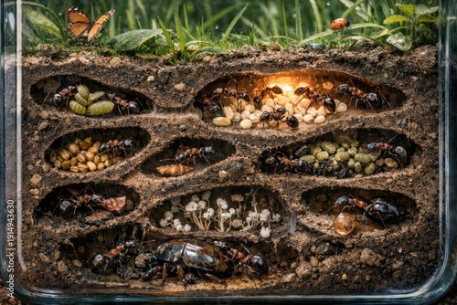 Ant Colony Underground Life Habitat with Butterflies & Ladybugs – Detailed Macro Nature Scene