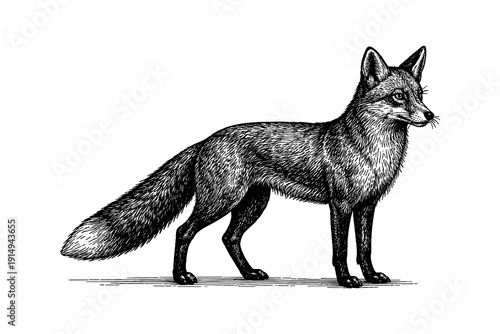 Detailed hand drawn fox illustration in monochrome