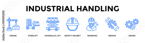 Industrial Handling Banner Web Icon Set Collection Pack Vector Illustration Concept For Crane, Forklift, Hydraulic Lift, Safety Helmet, Working, Repair, Gears