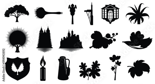Collection of black silhouettes depicting trees buildings and objects silhouette