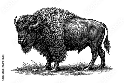 Detailed black and white engraving of a bison in profile view on grass