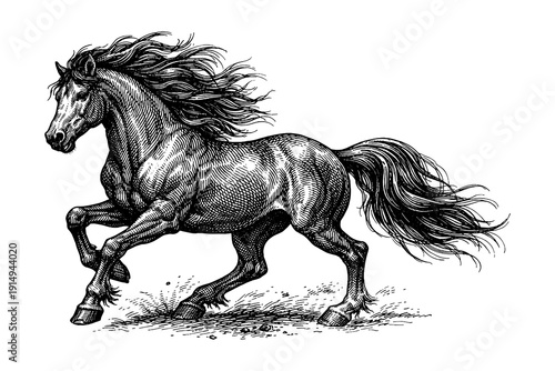 Detailed engraving of a majestic horse with flowing mane