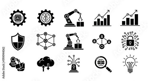 Artificial intelligence icons depicting computers robots and data networks