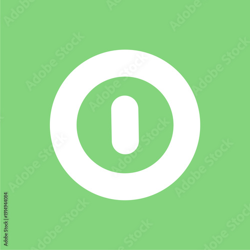 Minimalist White Power Button Icon Featuring a Circular Ring and Vertical Bar Centered on a Vibrant Green Square Background Representing System Start Ignition On and Energy Activation