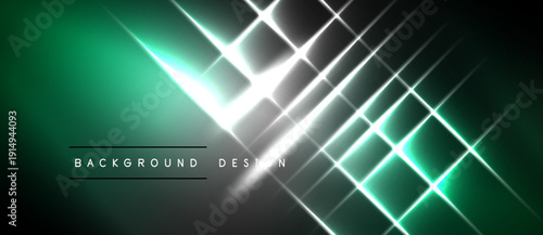 Abstract background features bright neon lines, gradients. Dark shades contrast vibrant green, white light streaks create dynamic visual effect.