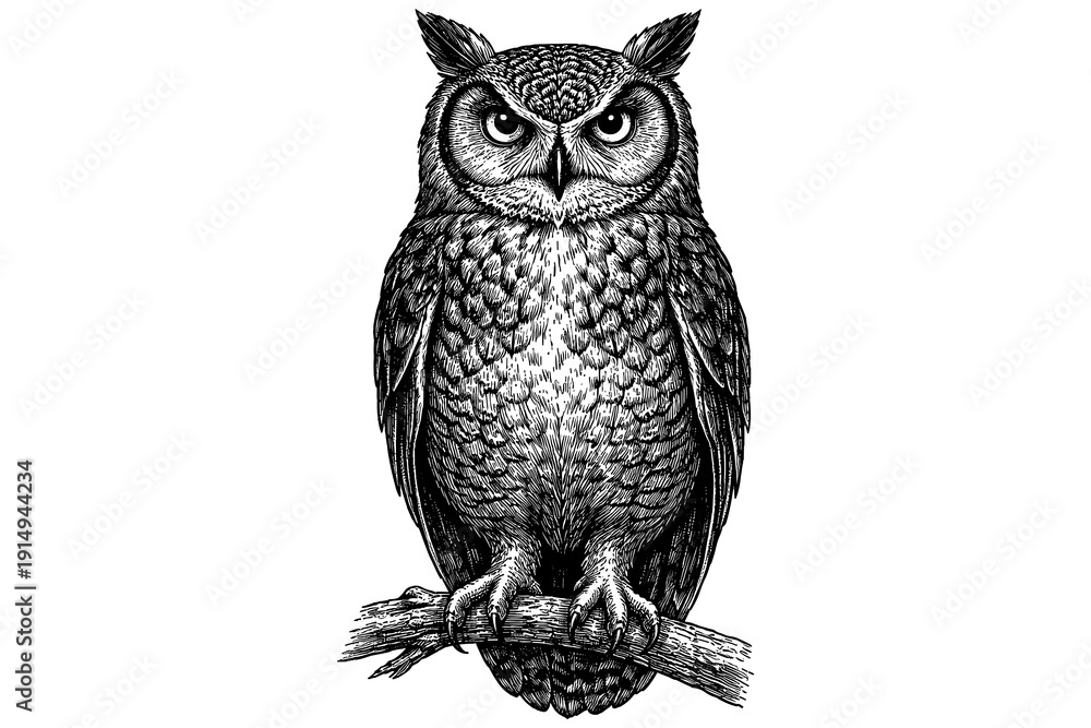 Obraz premium Detailed ink drawing of an owl on branch in vintage style