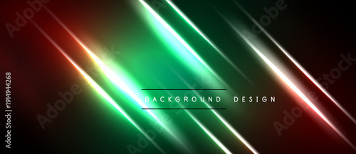 Abstract design features vibrant diagonal lines. Green, red hues dominate dark background. Modern aesthetic, sleek presentation.