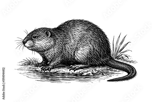 Intricate hand drawn river rodent by water