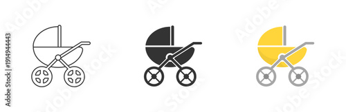 Set of baby stroller icons. Buggy wagon. Baby carriage, stroller, stroller symbols. Symbol, logo. Line, glyph and filled outline colorful version, outline and filled vector sign. Vector illustrationм