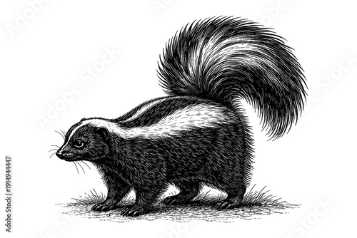 Intricate black and white skunk drawing with detailed fur patterns