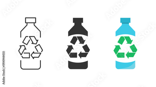 Recycled plastic bottles logo icon with recycling arrow and green leaves. Line, glyph and filled outline colorful version, outline and filled vector sign. PET food and beverage packaging. Vector