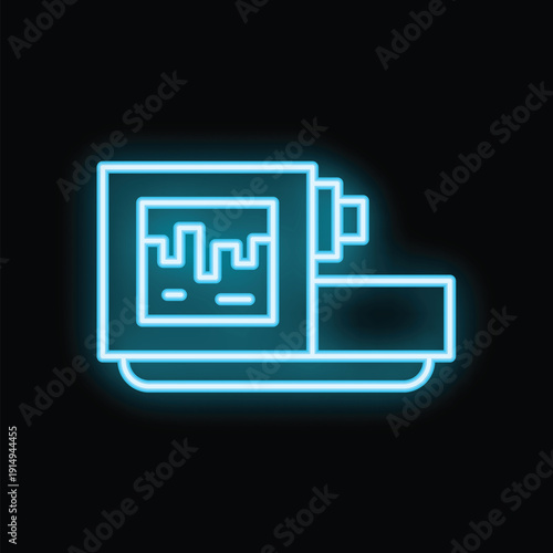 Neon glowing icon of a milling machine displaying data on its screen, on a black background