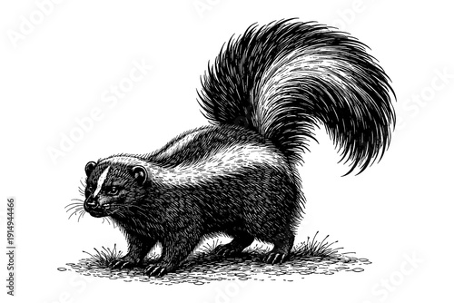 Elegant ink sketch of a skunk in detailed black and white art style