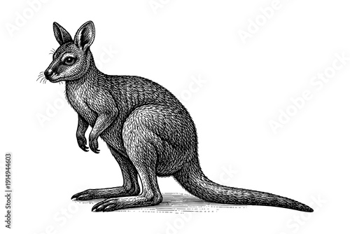 Detailed black and white engraving of a kangaroo side view
