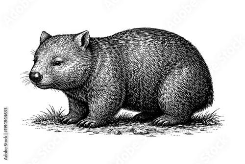 Detailed black and white drawing of a wombat with textured fur
