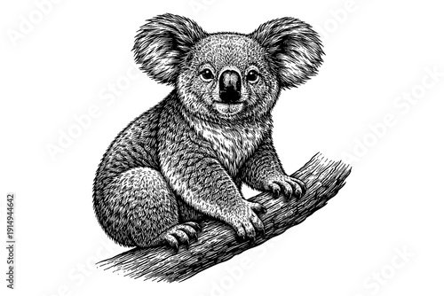 Detailed black and white koala engraving on branch