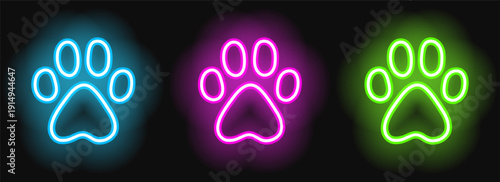 Set dog paw print, neon bright green, blue, purple glowing line on a dark background, pet symbol, vector illustration.