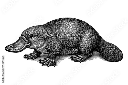 Detailed hand-drawn platypus with intricate fur texture on white background