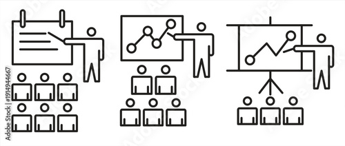 Icons related to training, coaching, mentoring, education, meetings, conferences, and teamwork. Editable lines, suitable for website design, logos, apps, templates, UI, and more. Vector illustration.