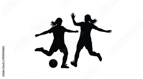 A female athlete kicking a soccer ball dynamic pose black silhouette