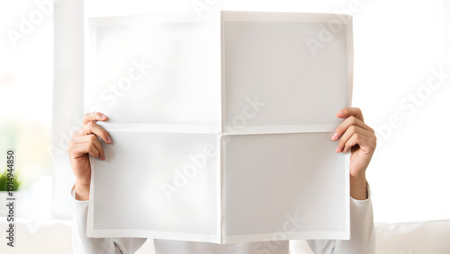 Person holding blank white broadsheet newspaper mockup with four sections in bright room.