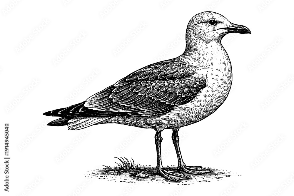 Fototapeta premium Detailed black and white engraving of a seagull standing on grass