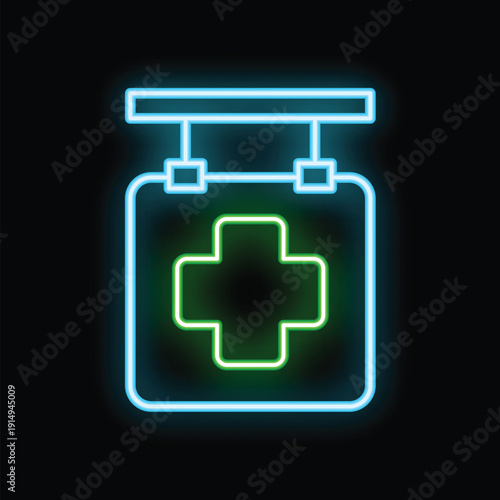 Glowing neon sign depicting a hospital sign with a cross symbol, representing healthcare and medical services