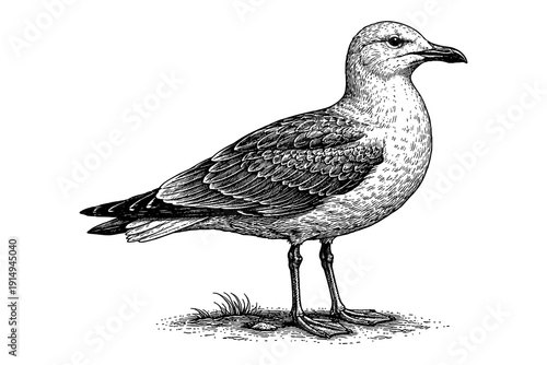 Detailed black and white engraving of a seagull standing on grass