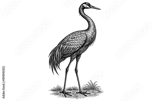 Elegant hand drawn crane standing in natural habitat