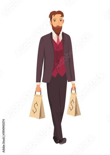 Rich man flat cartoon comic element, millionaire man money vector illustration