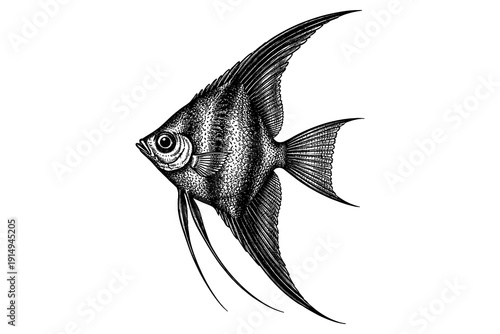 Detailed black and white angelfish in engraved style