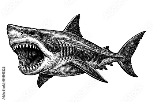 Intricate black and white engraving of a fierce great white shark