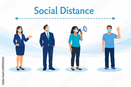 Social Distance Concept Illustration. People in Medical Masks Keeping a Safe Physical Separation to Prevent Coronavirus COVID-19 Spread. Vector.