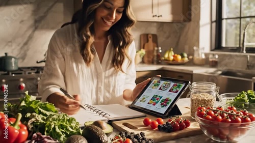 Woman planning healthy meals with tablet in bright kitchen