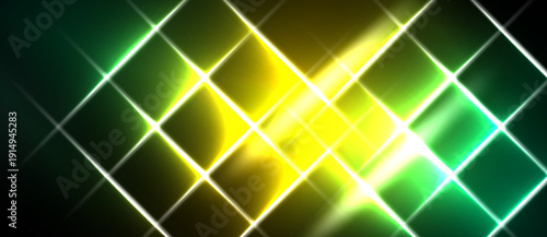 Bright geometric pattern. Yellow, green hues create glowing grid effect. Dark background emphasizes radiant lines, shapes.