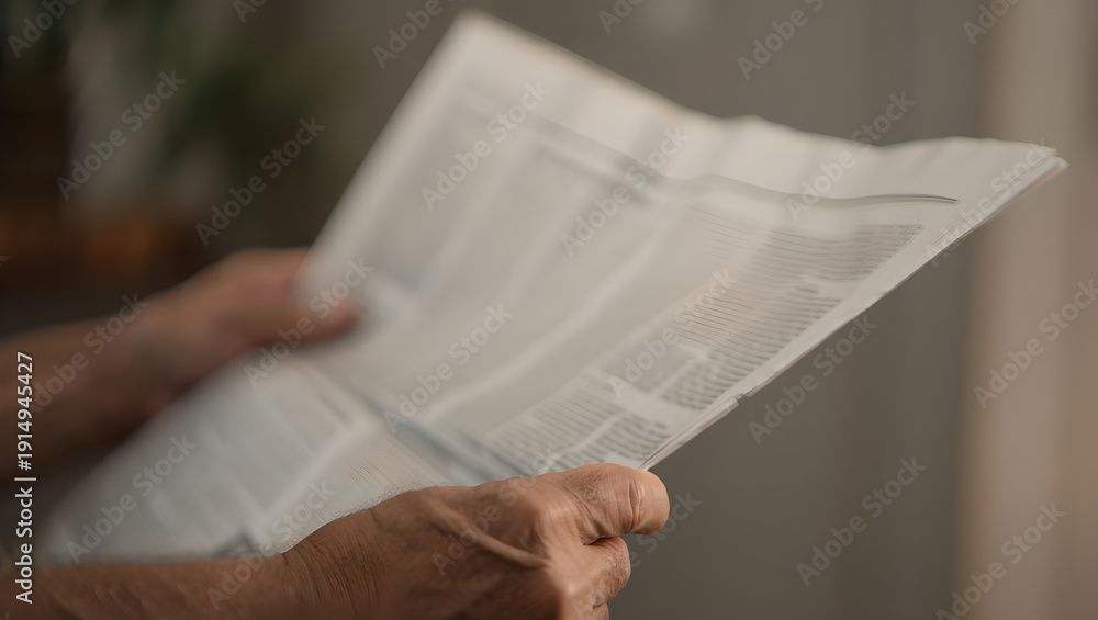 Naklejka premium Senior person's hands holding an open newspaper with blurred text.