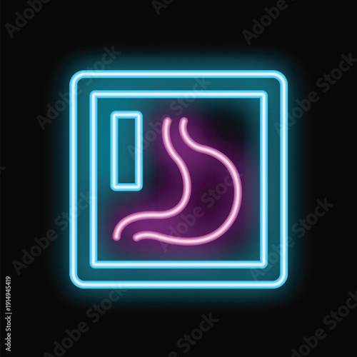 Glowing neon sign depicting an x ray of a stomach on a black background