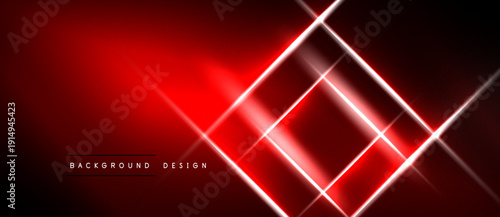 Abstract red design features glowing lines forming geometric shapes. Dark background enhances vibrant illumination. Modern aesthetic.