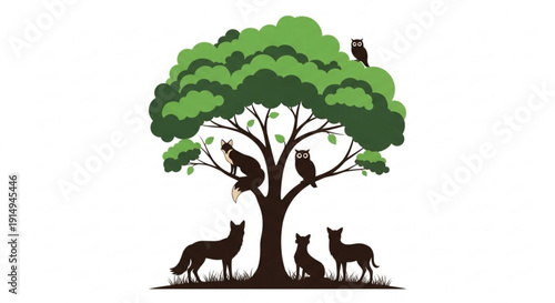 Wildlife scene with wolves and owls under a tree forest animals illustration nature concept