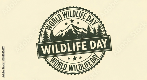 World wildlife day logo with mountain trees and stars on beige background conservation emblem