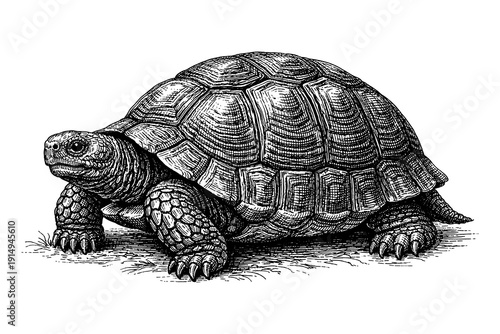 Detailed black and white tortoise drawing in vintage engraving style