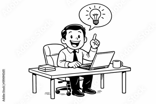 Cartoon Businessman Having Idea at Desk with Laptop - Black and White Line Art Vector Illustration of Solution or Innovation.
