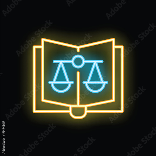 Glowing neon icon featuring an open book with a balanced scale, symbolizing law, justice, and legal knowledge