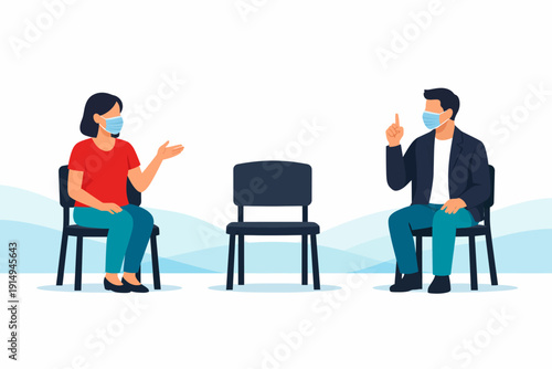 Social Distancing Meeting: People in Face Masks Talking Separated by Empty Chair. COVID-19 Safety Protocol and Communication Illustration.