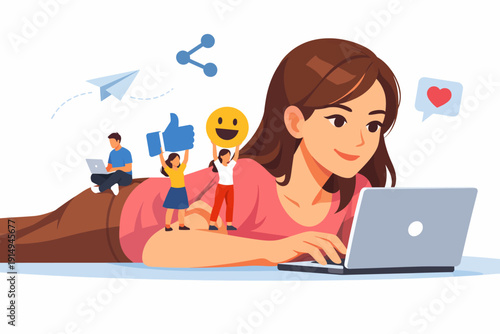 Social Media Engagement and Influence. Young Woman Interacting on Laptop with Miniature Community and Positive Reaction Icons.