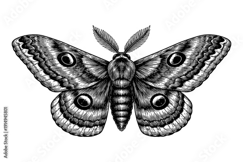Intricate black and white moth design with detailed wings and patterns