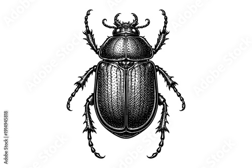 Detailed engraved beetle design showcasing intricate lines and texture in black and white